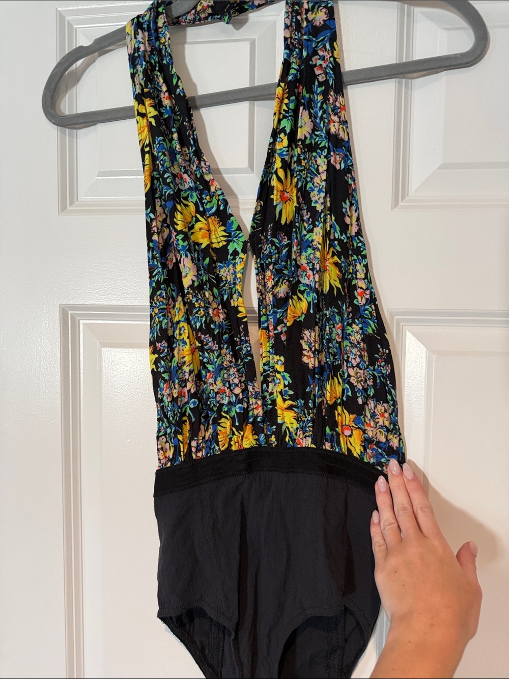 Free People Black Floral Lace-Trim Bodysuit